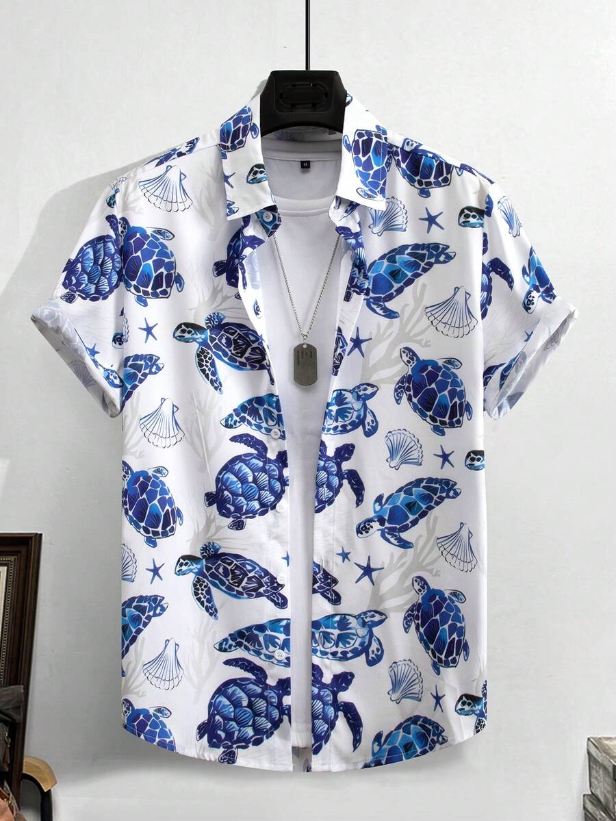 Men's Casual Turtle & Shell Print Short Sleeve Shirt, Summer - Multicolor - View 1