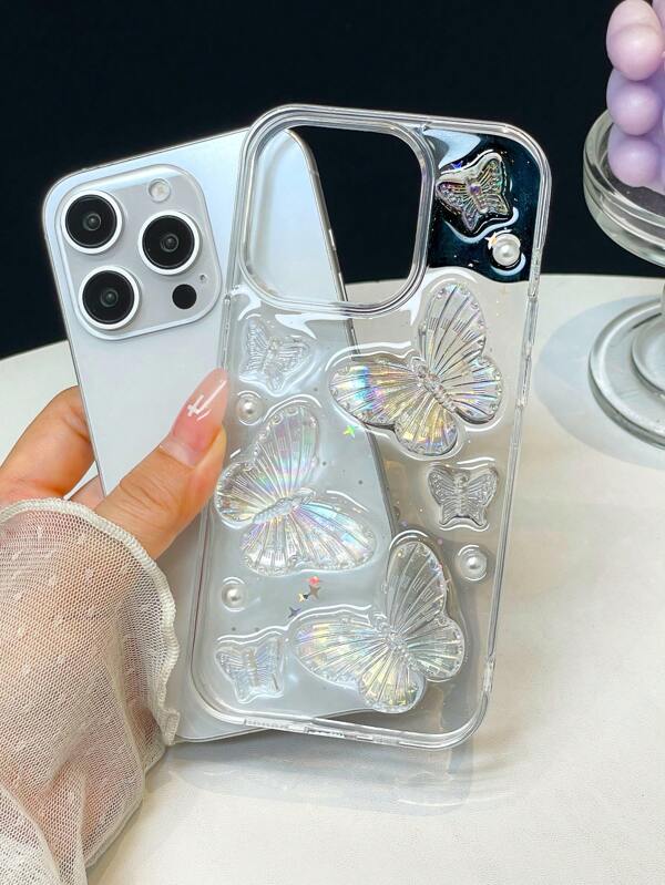1pc Textured Transparent Glitter 3D Pearl Acrylic Butterfly Resin Phone Case Suitable For IPhone 11 12 13 14 15 Pro Max