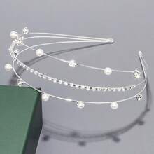 1 pieza Diadema floral rosa con decoración de perlas falsas, aro de pelo elegante y versátil con rhinestones, adecuado para novia, accesorio diario, regalo, fiesta, diadema, accesorios para el cabello