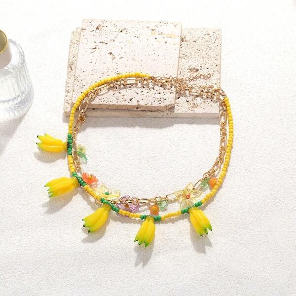 1pc Fruit-Themed Layered Banana & Floral Decor Alloy Necklace, Everyday Wear For Women