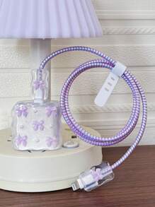 5pcs Small Purple Bow And White Pearls Design Mobile Phone Charger Set 20W/18W, Charging Cable Protection Rope, Charging Head Protection Case, Compatible With IPhone Charger Cable Protector, Charger Accessories, Phone Accessories