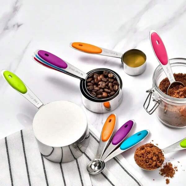 13pcs Stainless Steel Measuring Cup & Spoon Set, With Silicone Handles, Stackable, Suitable For Kitchen, Cooking, Baking, Measuring Liquid And Dry Ingredients