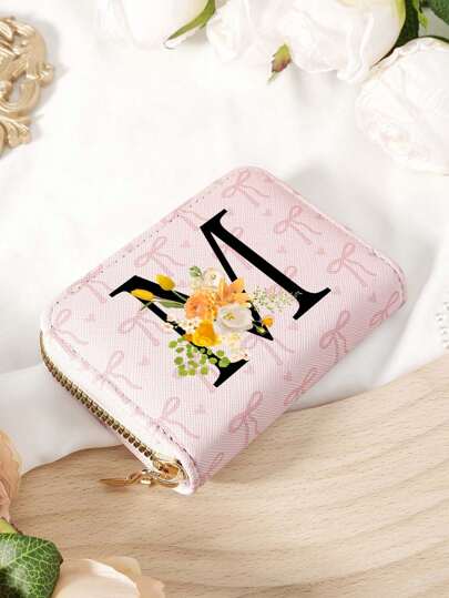 Imprimeu cu litere A-Z cu design de frunze și flori, cataramă cu model de dragoste cu fundă roz, la modă, suport pentru carduri, subțire, ușor, portabil, pentru bani, card de identitate, card de credit, buzunar pentru monede, pentru cadou de ziua de naștere, cadou de aniversare, Crăciun, de Ziua Îndrăgostiților, iubitor/iubită, femeie, fete, femei, adolescente, pentru studenți, școală, student, geantă, rechizite școlare pentru cămin școlar și înapoi la școală.