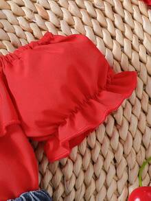 2件套时尚休闲牛仔裤和蝴蝶结装饰女婴服装 - 紅色 - 查看 5