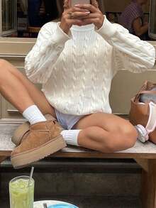 FOR BEAUTY Women's Solid Color Minimalist Round Neck Twist Knit Long Sleeve Sweater, Fashionable Drop Shoulder Pullover Knitwear, Autumn/Spring New Arrival - Beige - View 2