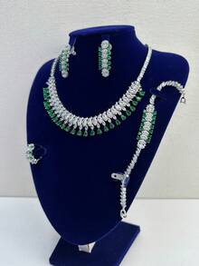 4 件套时尚绿色锆石水滴项链、手链、耳环和戒指首饰套装，适合新娘婚礼、派对 - 四件套 - 查看 2