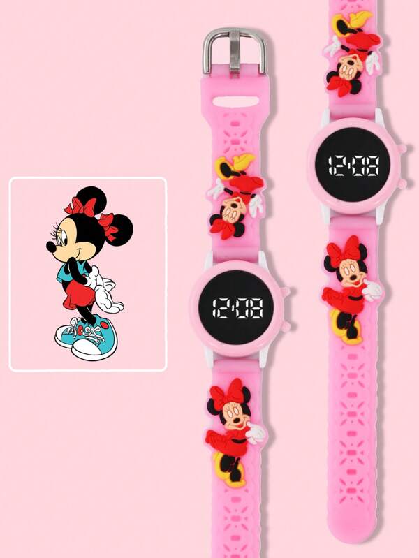 Disney 1pc Disney Girls Cartoon Minnie Mouse Round LED Digital Electronic Watch, Suitable For Daily Wear And Gifting