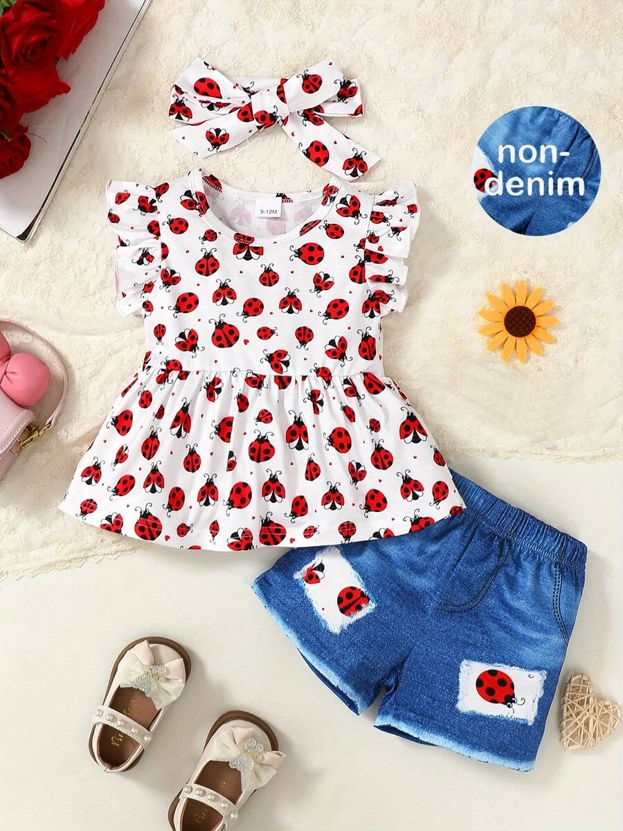 Baby Girl Ruffle Sleeve Cute Pattern Ladybug T-Shirt And Shorts Outdoor Set, Toddler Girl Casual Summer Outfit - 白色 - 查看 1