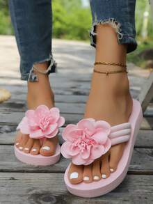 Damen Regenbogen Keil Zehentrenner, bunte Blumen Plateau Hausschuhe, wasserfeste Strandschuhe, Pink