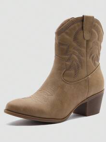 GLOBALWIN Women's Mid Calf The Western Cowboy Boots Fashion Cowgirl Boots For Women Low Heel Fall Boots Halloween Season - 卡其色 - 查看 4
