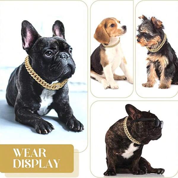 1 Pc Dog Chain Collar Shiny Rhinestone Dog Necklace Hip Hop Style Dog Cuban Chain Gold Dog Necklace Big Chain Link Chain Cat Collar All Diamond Fashionable Pet Collar ,Perro