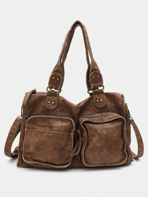 Vintage Soft Washed PU Vegan Leather Handbag For Man Cool Street Style Tote Rivets Long Strap Cross Body Shoulder Bag Large Capacity Fits 13' Laptop Functional Multi Pockets Casual Daily Travel Holiday Outing College