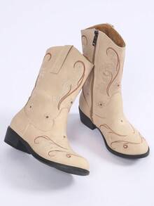 1 Pair Classic Girls Boots, Fashion Comfortable Non-Slip Durable Western Embroidered Versatile Riding Boots, Elegant Casual Boots, Retro Lightweight Boots, Suitable For Daily Wear - Beige - View 3