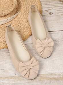 1 Paar elfenbeinweiße flache Ballettschuhe für Teenager-Mädchen, Obermaterial aus Leder mit Schleifen-Dekor, runde Zehenkappe, Schlupfeinstieg, rutschfest, für Lässig & Büro, geeignet für Frühling & Herbst