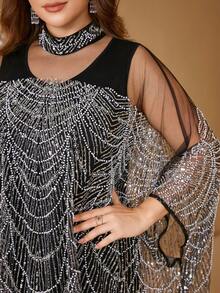 UNITHORSE Vestido largo de noche elegante para mujer de talla grande con mangas largas, parches con cuentas y lentejuelas, contraste de color y tela de malla, primavera - Plateado - Ver 4