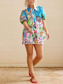 女士休闲时尚百搭荷叶边领衬衫和短裤套装