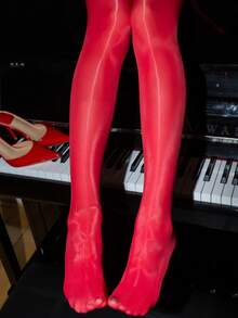 1 par de medias brillantes de alta elasticidad, mallas rojas para mujeres - Rojo - Ver 2