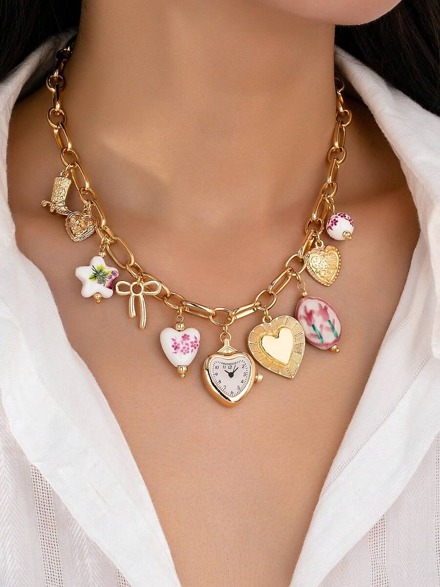 1件手工郁金香花陶瓷心形吊坠项链，复古时钟吊坠项链，牛仔靴蝴蝶结装饰链项链（随机形状和颜色） - 彩色 - 查看 1