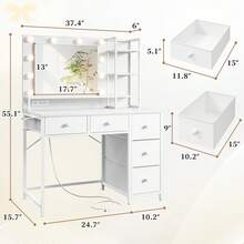 EnHomee Vanity Desk With Mirror And Lights,37 Inch Make Up Vanity With Power Outlets,Makeup Desk With 5 Fabric Drawers,3 Lighting Modes,Dressing Table For Bedroom,White - Xem 4