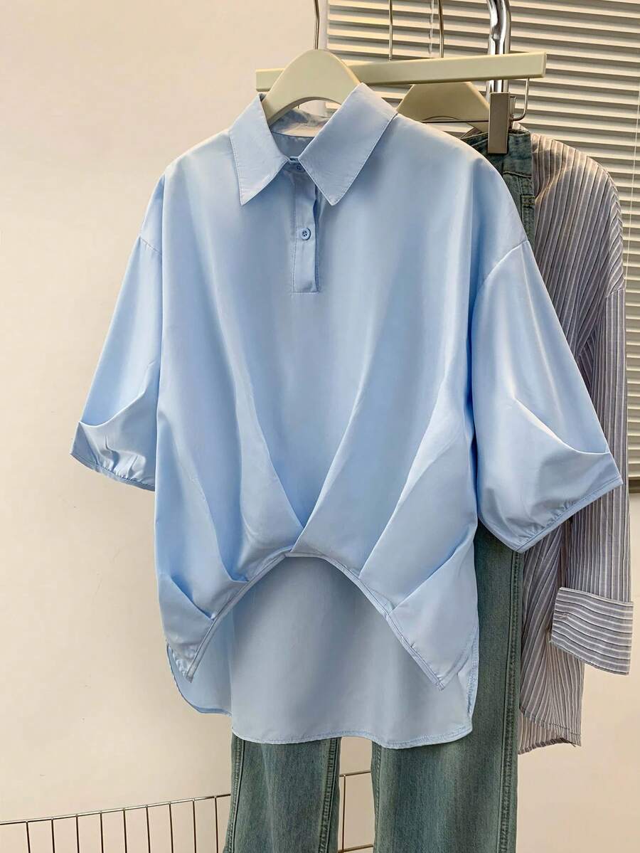 Women's Solid Button-Up Shirt - Asymmetric Hem Collared Short Sleeve Blouse For Casual/Date Nights/Parties, Spring-Fall Versatile Wardrobe Staple - Blue - View 1