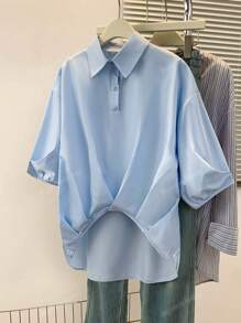Women's Solid Button-Up Shirt - Asymmetric Hem Collared Short Sleeve Blouse For Casual/Date Nights/Parties, Spring-Fall Versatile Wardrobe Staple