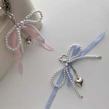 1pc Pearl Ribbon Bow Love Pendant Bag Decoration Keychain Bag Hanging Ornament - Blue - View 2