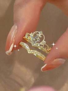 2pcs Luxury Crown Princess Simulated Ring Set, Couple Rings Wedding Party Or Daily Wear, Valentine's Day,Mom,Mother,Mother's Day, - 金子 - 查看 6