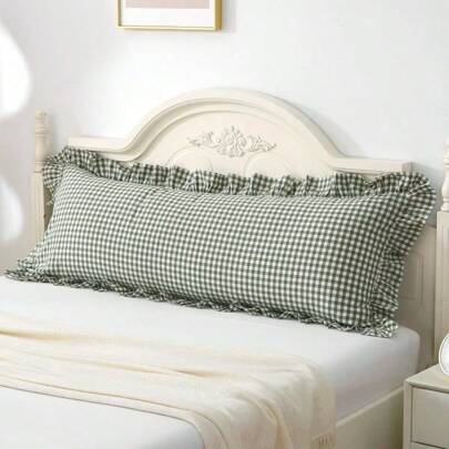 Green White Plaid Ruffled Body Pillow Sham Washed Cotton Shabby Checkered Gingham Pillow Cover 20x54