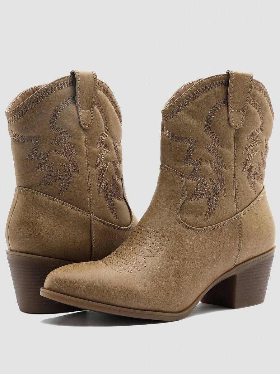 GLOBALWIN Women's Mid Calf The Western Cowboy Boots Fashion Cowgirl Boots For Women Low Heel Fall Boots Halloween Season - 卡其色 - 查看 1