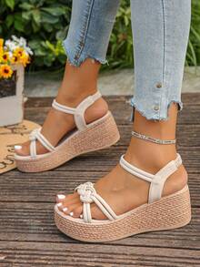 1 Pair Summer Thick Sole Platform Sandals, Casual Versatile Footwear For Teenagers, Slightly Small Size - Beige - View 8