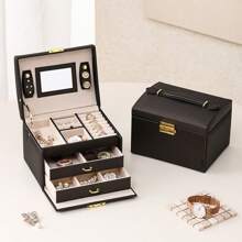 CASEGRACE 1 pièce Boîte à bijoux en PU de luxe avec miroir, boîtes à bagues, boucles d'oreilles, colliers. Grand étui de rangement pour bijoux, cadeau idéal pour les filles pour Noël, mariage, organisation de stockage estival