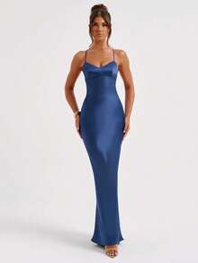 Women's Sexy Satin Cross-Back Lace-Up Bodycon Cocktail Dress, Valentine's Day - Navy Blue - View 5