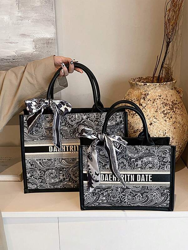 Bolsos de moda top transfronterizas, nuevos bolsos de tote 2025, bolsas de compras portátiles, diseño de nicho, lujo y alto sentido, chales con moño extranjeros, gran capacidad, aptos para ocio diario, ir al trabajo, estudiantes universitarios asistiendo a clases, viajes, asistir a fiestas, banquetes y talla grande (con pañuelo de seda)