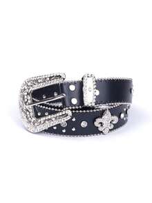 男女通用水钻镶嵌西式腰带，适合女性牛仔裤秋季、秋季、万圣节 - 黑與白 - 查看 15