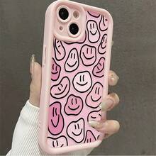 Funda protectora para teléfono con diseño de fondo de cara feliz rosa, estilo lindo y femenino, de silicona TPU suave y resistente a golpes, [compatible con modelos X/Xs/11/12/13/14/15/16 Pro/16 Promax], regalo ideal para novia/mejor amiga, regalo de cumpleaños para mujeres, funda estética y protectora. - Rosa - Ver 4