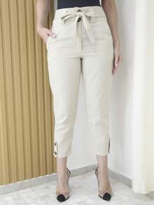 Linen Pants With High Waist Belt - Beige 2 - View 2