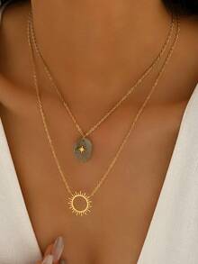 YUZENG 1 件防水 14k 镀金不锈钢法式优雅风格宝石太阳吊坠多层项链女士 - 金黃色 - 查看 9