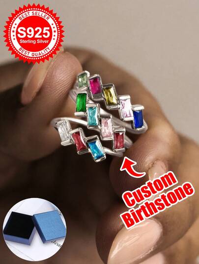 S925 Sterling Silver Custom Square Birthstone Rings (1 - 6 Stones) - A Distinctive & Gift For Lovers, Friends, Or Family. Suitable For Birthdays, Anniversaries, Valentine's Day, Christmas, Or Any Memorable Event. These Rings Showcase Customizable Square - Shaped Gemstones (1 To 6), Made With Premium S925 Silver In A Chic Design