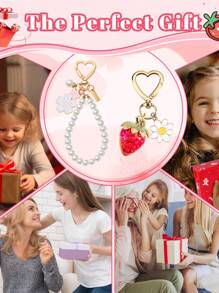 2 Pieces Strawberry & Cherry Blossom Keychain Set - Cute Floral Bag Charm Gift For Women & Girls