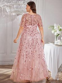 UNITHORSE Plus Size Chic Crew Neck Sequin Embroidery Patchwork Flared Dress - Dusty Pink - View 2