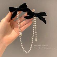 Velvet Bow Hair Clips Pearl Tassel Chain Hair Bow Barrettes Black Bows Claw Clip Hairpins Sweet Bowknot Snap Hair Clip Small Cute Alligator Hair Clips Hair Accessories Gift For Women Toddlers - 黑色 - 查看 6