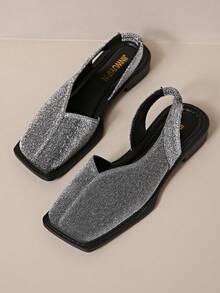 女士弹力一脚蹬方头凉鞋 - 春/秋季包头平底鞋，采用闪光面料鞋面、舒适橡胶鞋底和脚踝支撑带 - 适合休闲和正式穿着，时尚耐用的防滑设计 - 灰色 - 查看 4