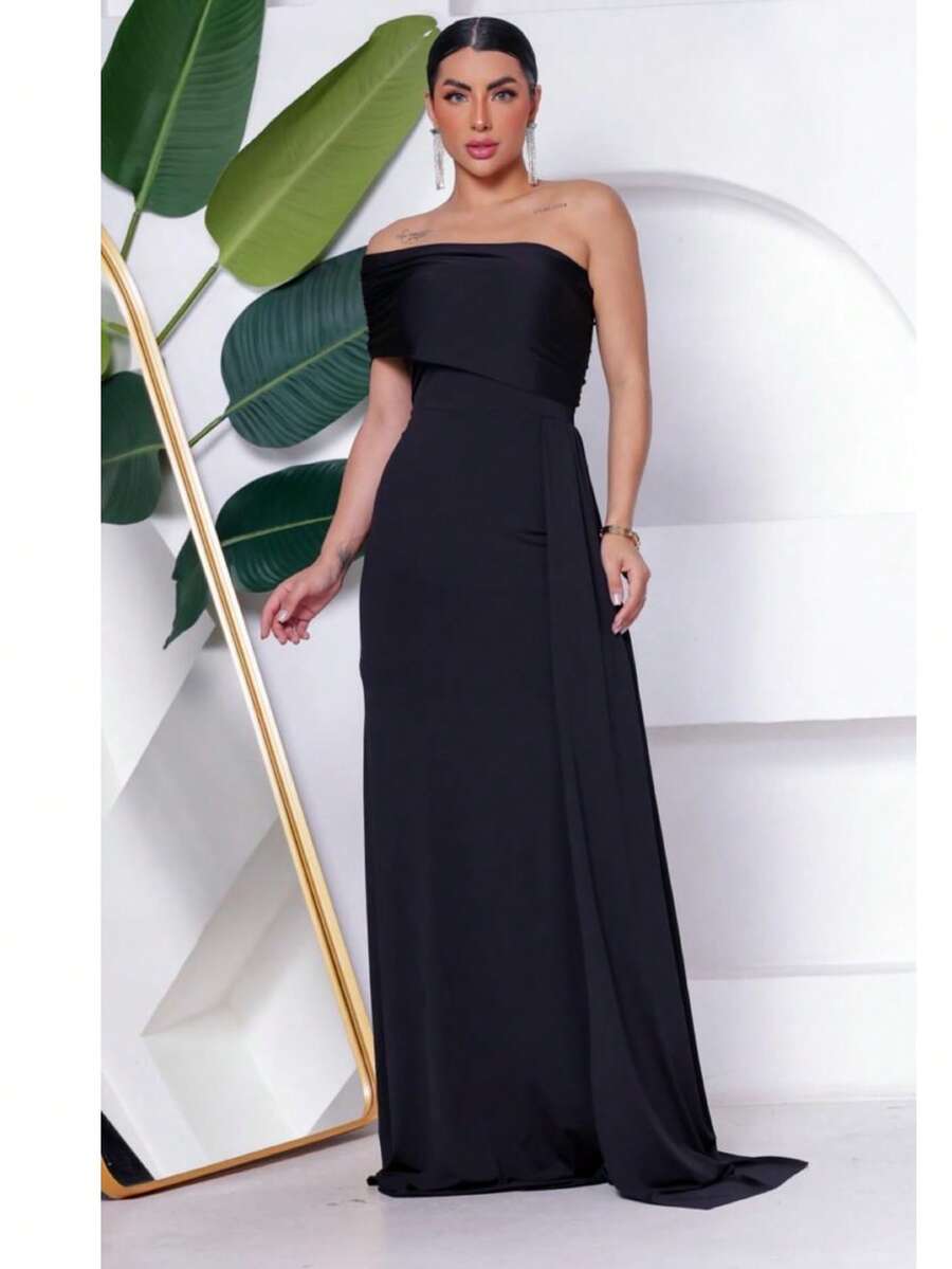Long Women's Party And Event Dress Elegant Bridesmaids And Guests Fluity Knit With Lined Cup One Shoulder Unilateral Zero Sleeve Detail At The Waist Fluid Draped Shoulder One Size Fits 36 To 42 - 黑色 - 查看 1
