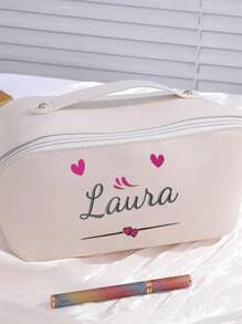1pc Personalized Name Printed Makeup Bag - Large Capacity Cosmetic Organizer Bag With Zipper Closure And Top Handle - Customizable Travel Toiletry Bag In Black, Brown Or Pink - Perfect Women Birthday Gift, Makeup Bag