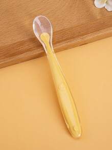 KUNT 1pc Smiling Face Silicone Feeding Spoon With Soft Tip, Baby Training Spoon With Long Handle