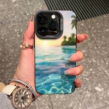 Suitable For IPhone 16/15/14/13/12/11 Pro Tropical Beach Sunset Serene Ocean Palm Tree Scenic Themed Mobile Phone Case, Using PC Material, Fashionable And Beautiful Protective Case Gifts For Family, Friends, Kids, Birthday,Spring, Holiday, Boyfriends, Girlfriends, Valentine's Day - Black - View 1