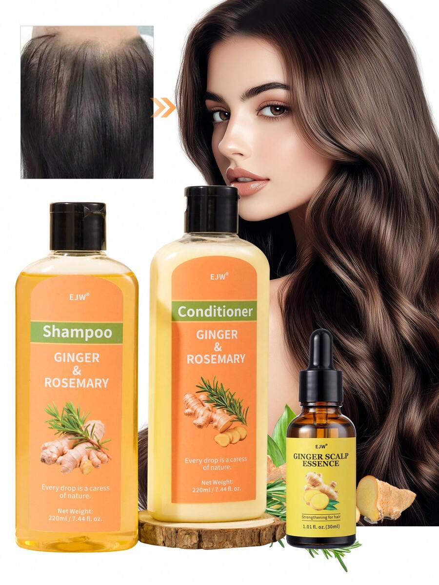 Champú y acondicionador de esencia de jengibre y romero, extracto de plantas para nutrir el cabelludo, control del aceite, cabello esponjoso y voluminoso, con extractos de jengibre, romero y panax, adecuado para todo tipo de cabello, suave y no irritante