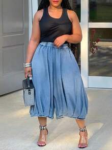 HERTALK (Large Version)Women's Elastic Waist Wide Leg Baggy Denim Pants, Street Fashion Loose Pleated Jeans - Màu xanh lam - Xem 2