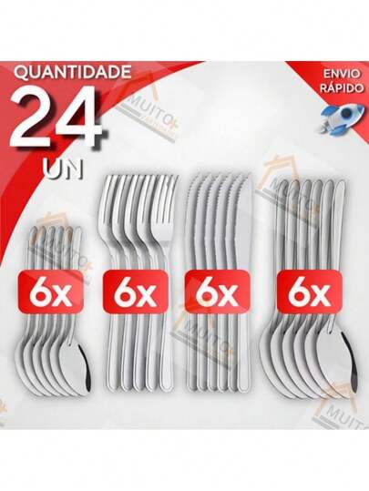 Conjunto Jogo de Talheres 24 peças Aço Inox Facas Garfos Colher de Mesa e Colheres de Sobremesa Para Casa e Restaurante