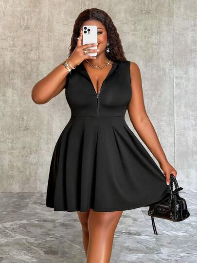 BIUBIU 春夏女式加大码黑色性感无袖深 V 领拉链喇叭迷你连衣裙休闲运动日常街头优雅短款连衣裙